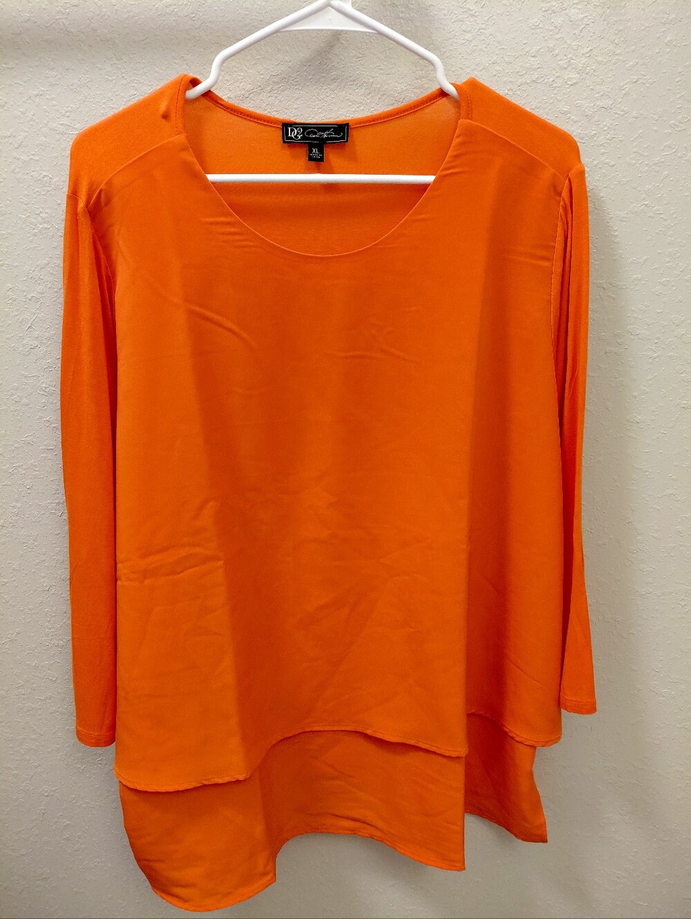 DG2 Womens Lysse Bright Orange Layered Long-Sleeve Tunic. Size XL.